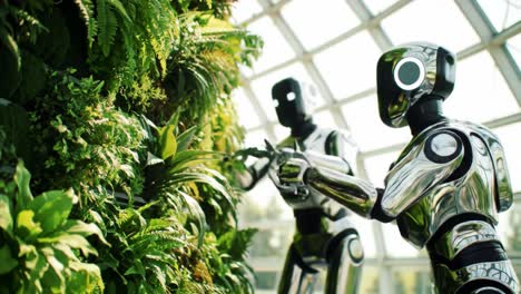 robotic gardeners nurturing nature: advanced automation meets sustainable greenery in a modern biophilic environment