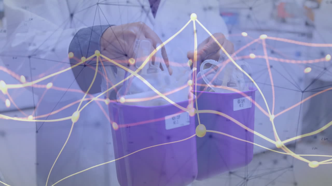 Scientist handling samples with data processing animation over laboratory background