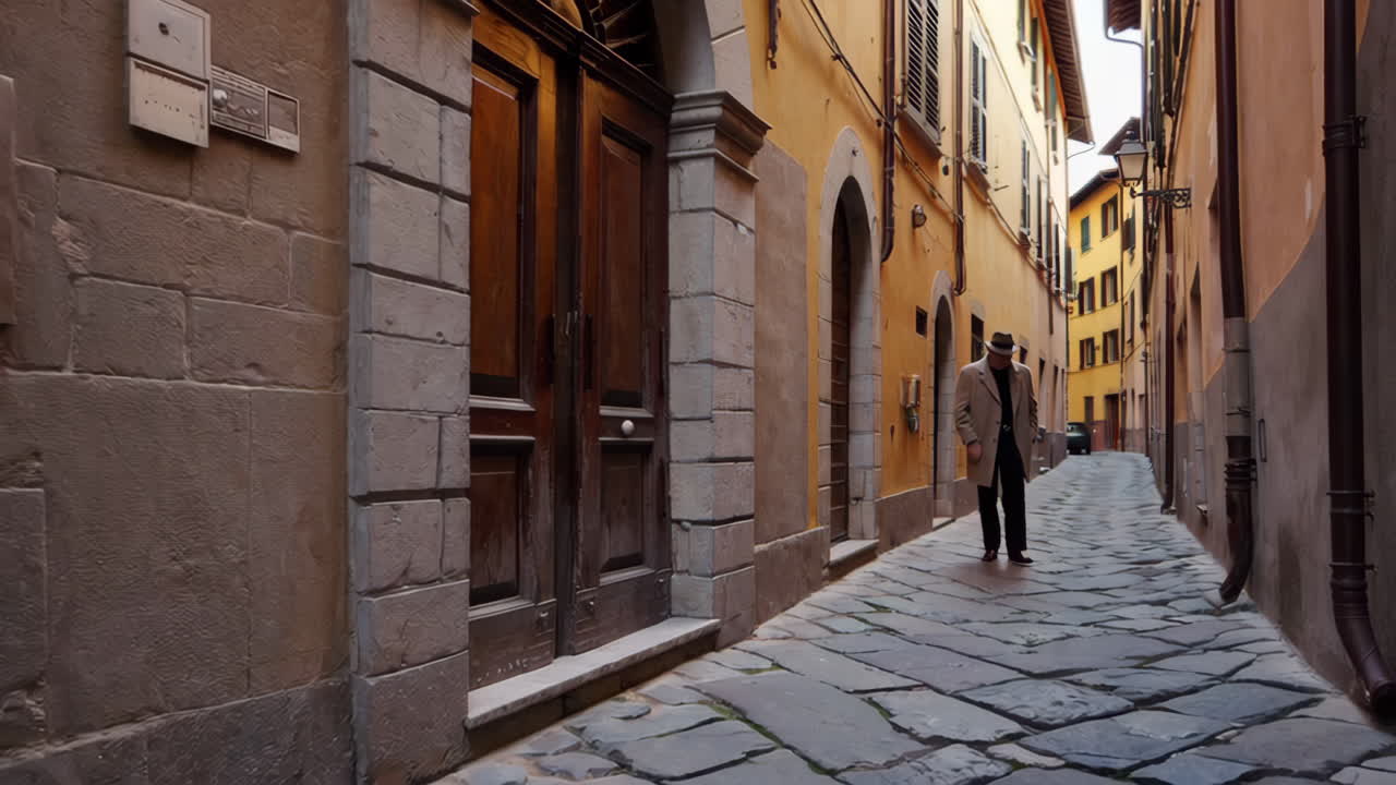 Uomo che cammina lungo uno stretto vicolo acciottolato in una vecchia città europea