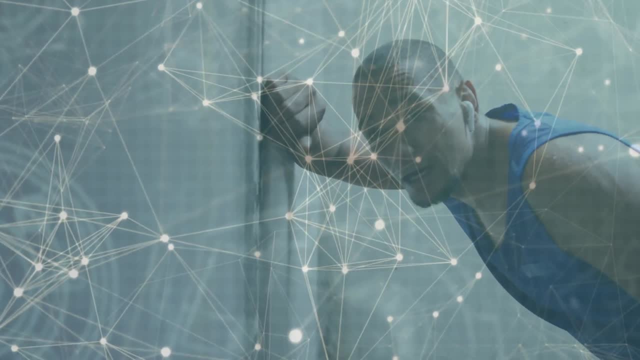 Animation of communication network over resting male athlete exercising outdoors