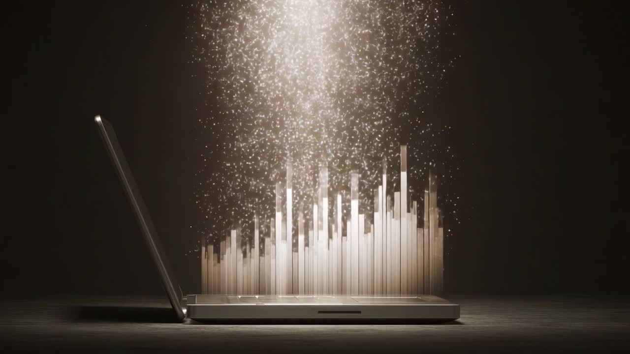 A luminous laptop emanates sparkling particles and sound wave visuals, showcasing a profound fusion of technology and creativity, creating a dynamic visual experience in a darkened environment