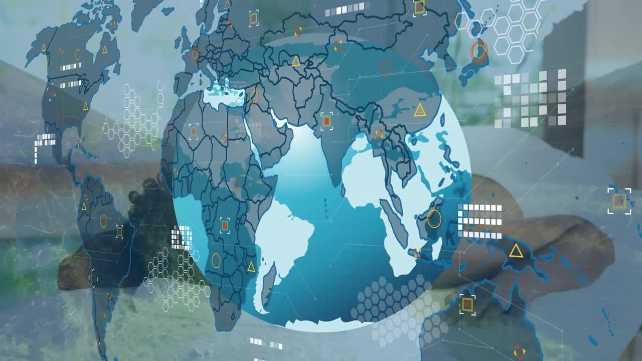 animación de globo, iconos y mapa del mundo sobre mujer biracial acostada en la cama