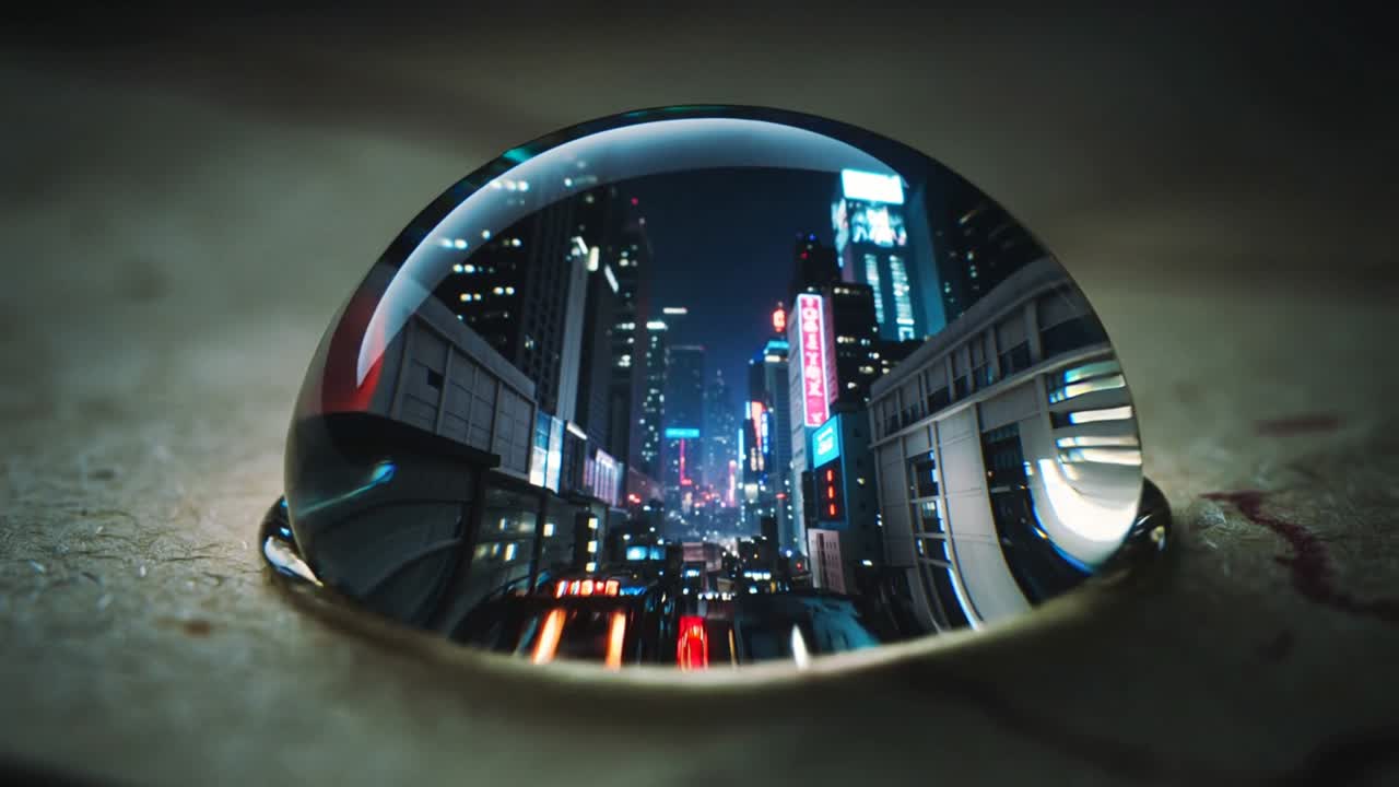 Una gocciolina trasparente appare, fluttua e poi si posa su una superficie ruvida, rivelando una strada al neon e bagliori.