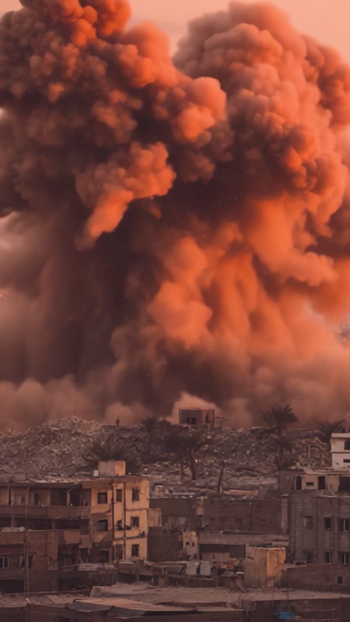 Una scena surreale di distruzione: Nuvole apocalittiche di fumo e polvere erompono su un paesaggio urbano, creando un'atmosfera minacciosa all'ora d'oro.