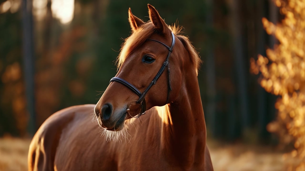 En smuk kastanjebrun hest poserer yndefuldt midt i et efterårsskovlandskab med spredt lys, der skaber en varm og fredfyldt atmosfære i baggrunden.