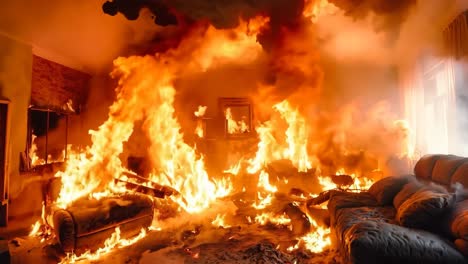 a living room filled with furniture on fire