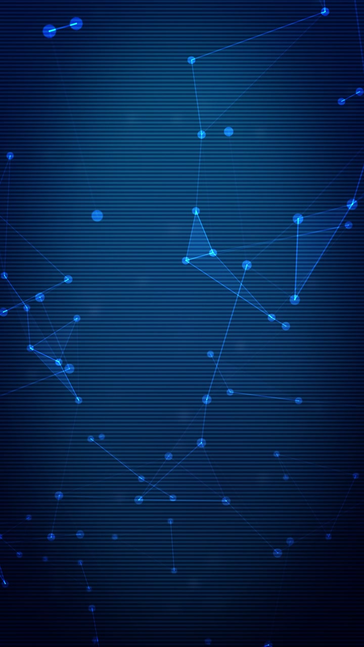 Animazione in loop continuo verticale di linee futuristiche e nodi luminosi che si interconnettono per formare una struttura di rete di dati digitali complessa e in evoluzione. Formato per schermo mobile.