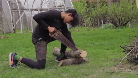 srilankan young lad cutting firewood for survival in the woods