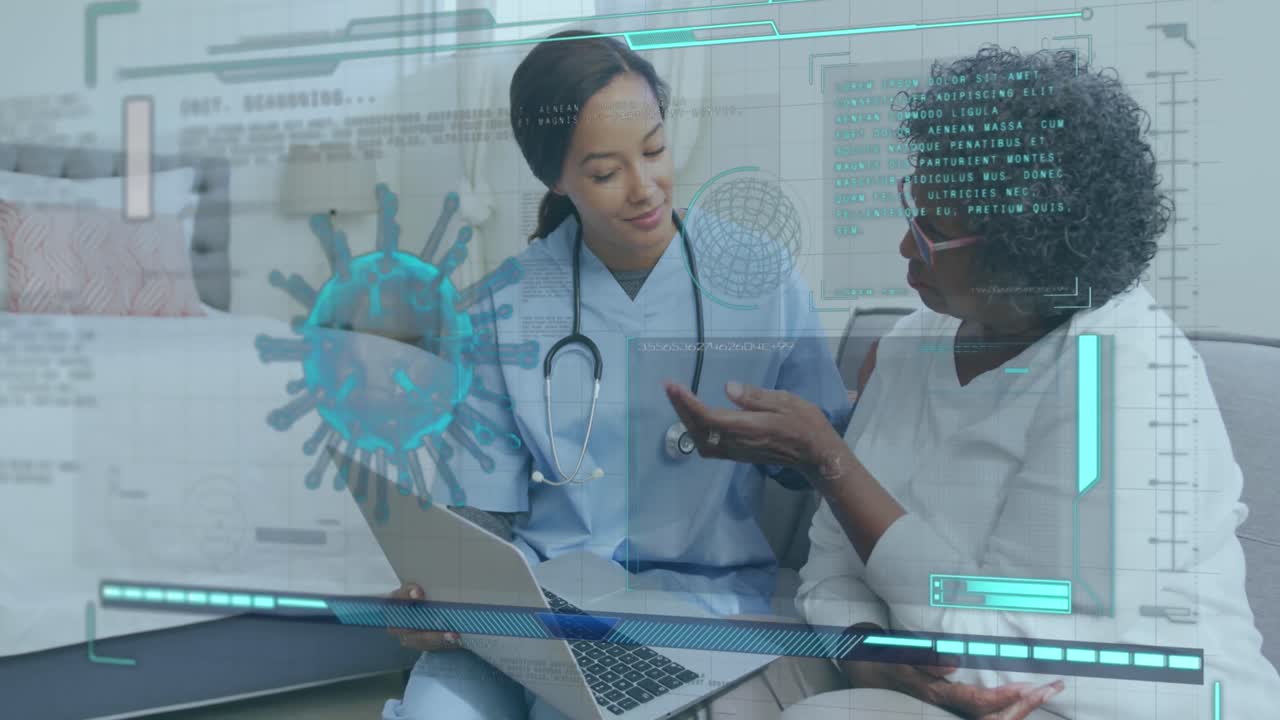 Animation of covid 19 cell and medical data processing over female doctor with senior patient