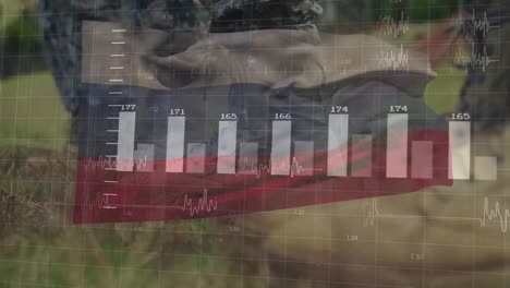 animation of data processing over flag of russia and soldiers