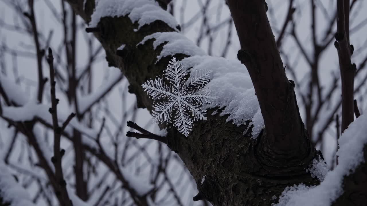 Wide-angle video shot of a snowy landscape with a solitary cabin and bare trees under an overcast