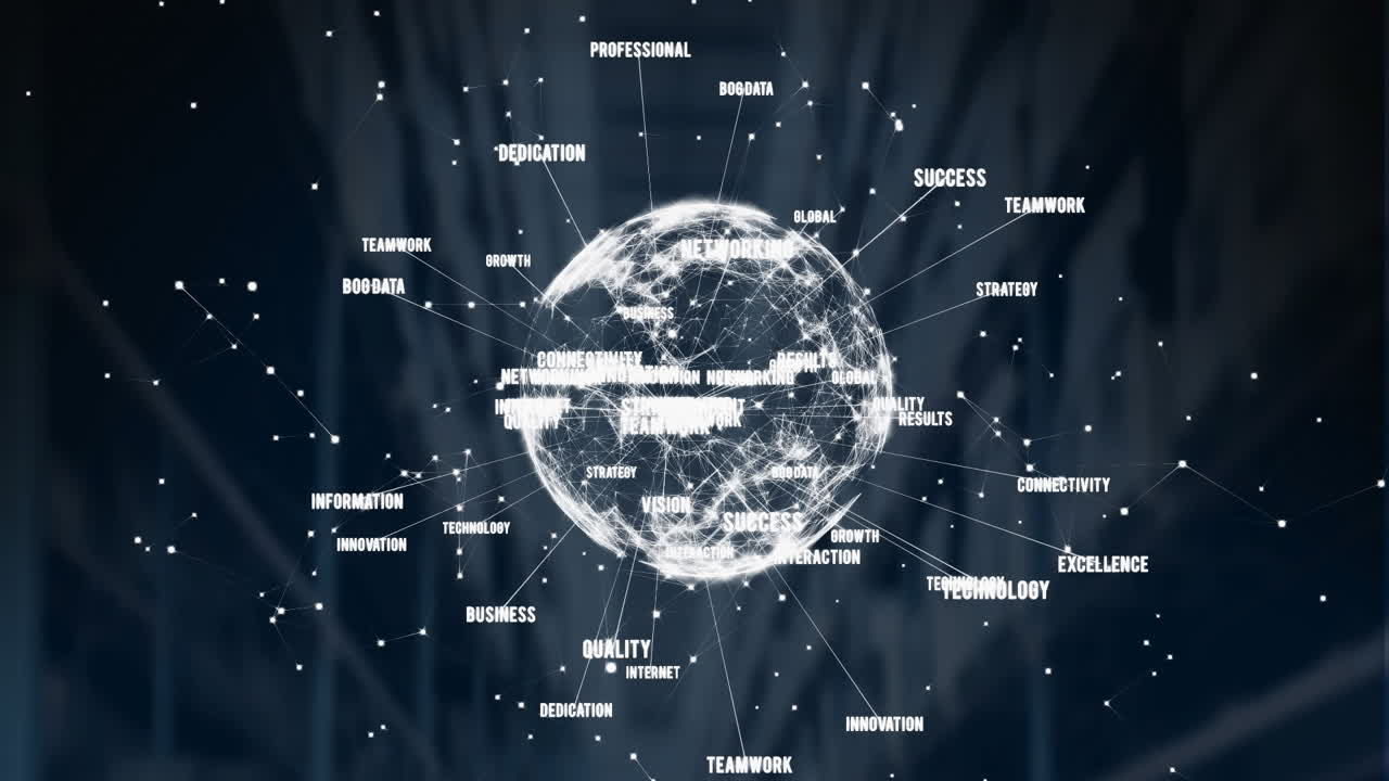 Digital animation of business concept texts over globe of network of connections against warehouse