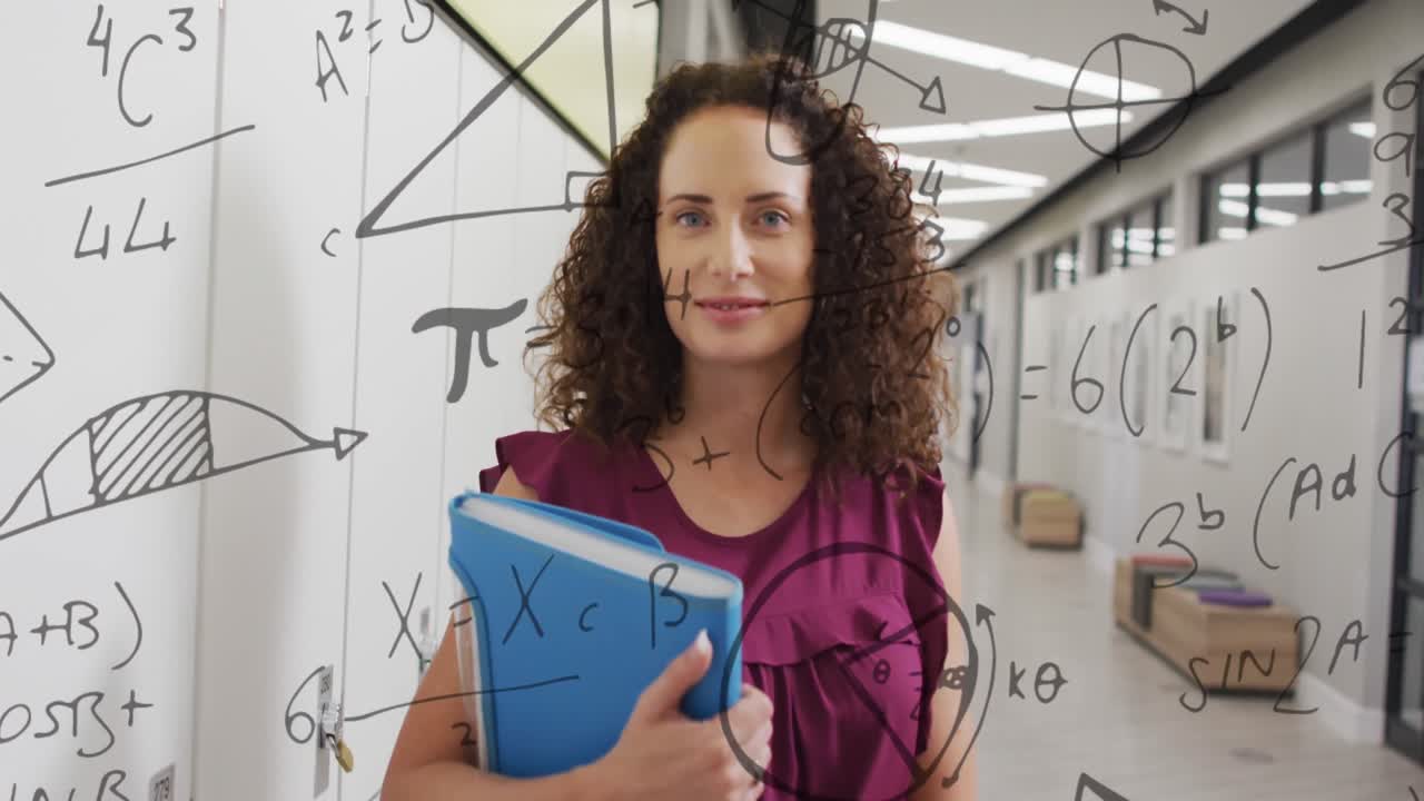 animación de cálculos de matemáticas y geometría sobre una feliz maestra biracial en el pasillo de la escuela