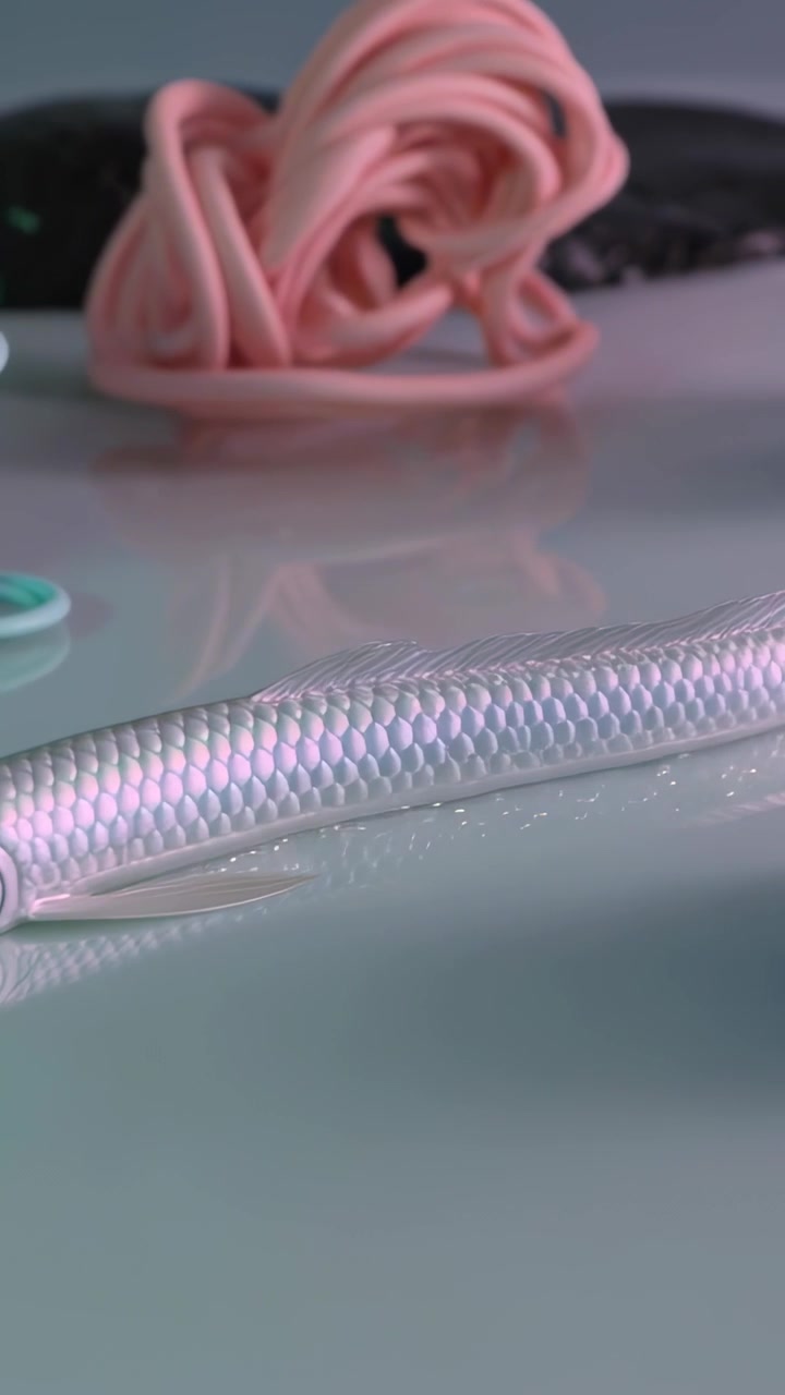 Video verticale: Telecamera scorrevole che mostra pesce perlaceo su un tavolo, mostrando texture e bobine rosa o blu