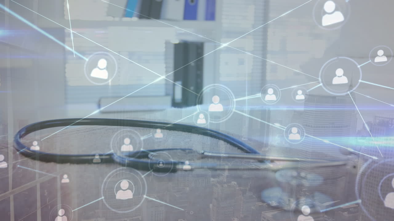 디지털 프로파일 아이콘의 애니메이션은 선과 스테토스코프 위의 선과 상호 연결됩니다.