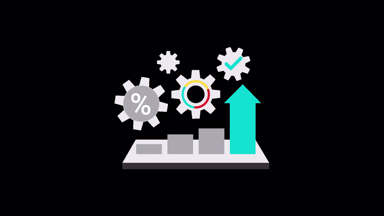 Animated Bar Chart with Gears and Upward Arrow Representing Business Growth
