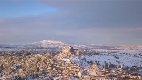 Cappadocia, Turkey. Aerial View of Town and Winter Landscape in Famous Turkish Region, Unesco World Heritage