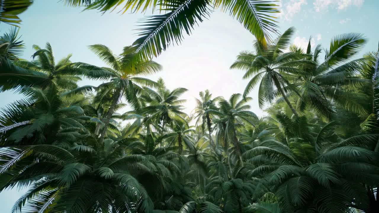 Aerial video view of lush palm trees with sunlight filtering through, creating a serene tropical