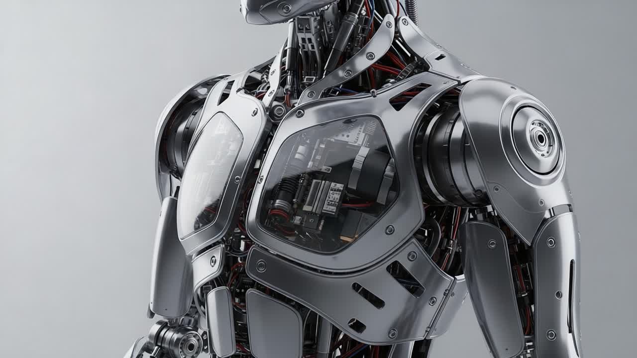A Detailed Examination of a Futuristic Robot Featuring Advanced Mechanical Components and Sleek Metallic Design, Reflecting Human-Like Attributes in Robotics Technology