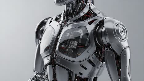 a detailed examination of a futuristic robot featuring advanced mechanical components and sleek metallic design, reflecting human-like attributes in robotics technology