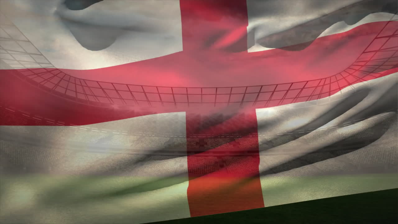 Translucent St George's Cross flag being animated over stadium, revealing steel trusses
