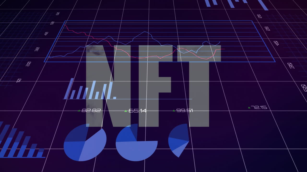 NFT label hovering over digital dashboard, displaying line plots, bar and pie charts in 3D render