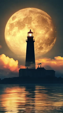 a lighthouse is lit up in the dark with a full moon in the background. the scene is serene and peaceful, with the lighthouse standing out against the dark sky and the moon reflecting on the water