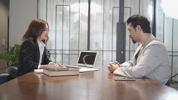 couple talking and working with laptop computer together in office. business woman take note from discussion with customer. lawyer Write a message from a conversation with desperate client . stressed