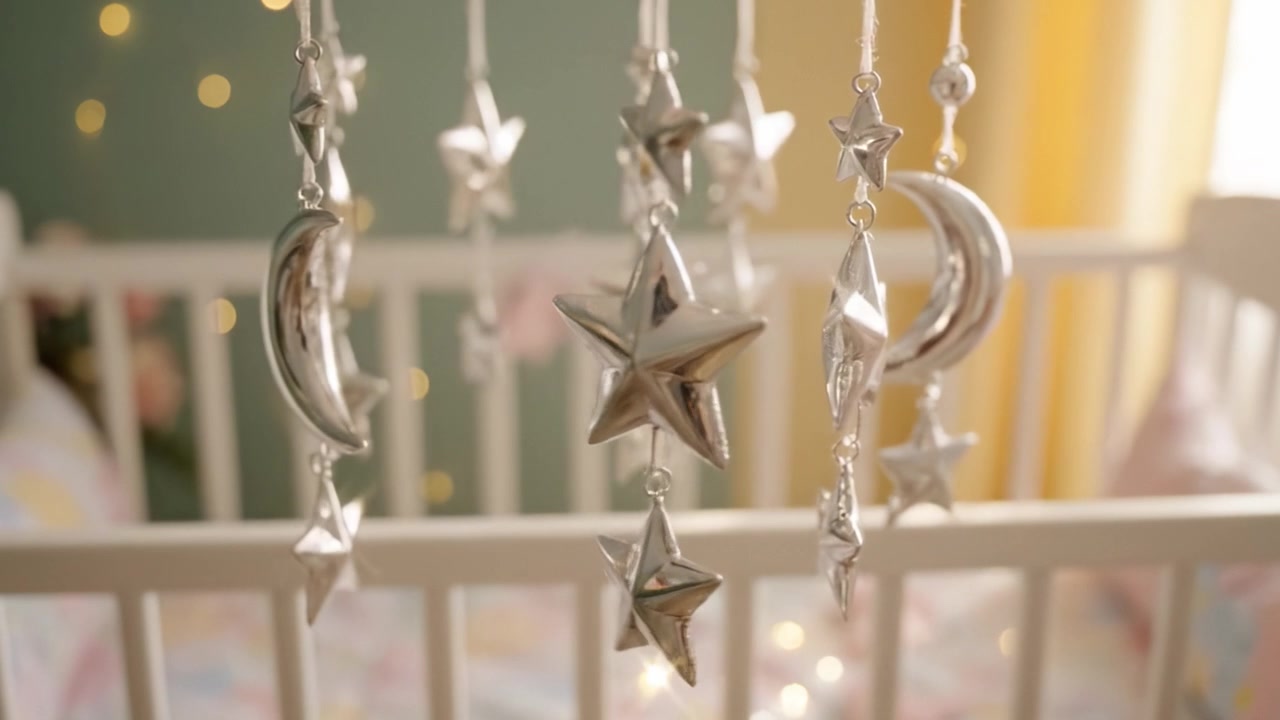 Glitzerndes silbernes Mond- und Sternenmobile, das sanft über einem Babybett schwebt und eine verträumte Atmosphäre für die Schlafumgebung eines Babys schafft