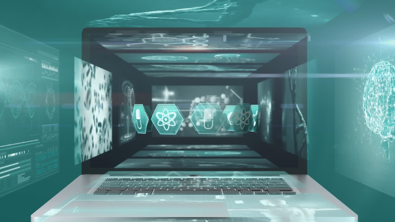 animación de iconos médicos mostrados en la pantalla de una computadora portátil.