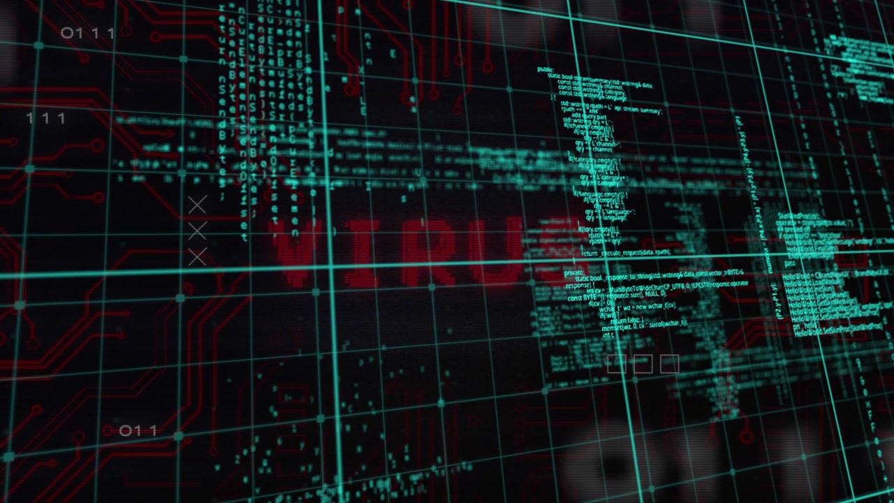 Animation of data processing and virus text over computer circuit board on black background