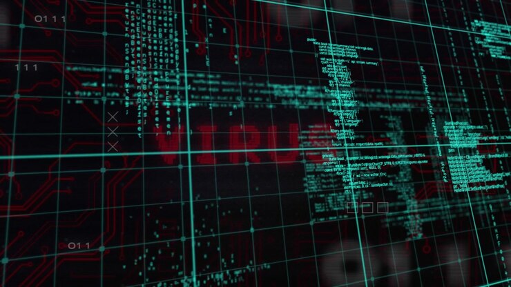 Animation of data processing and virus text over computer circuit board on black background
