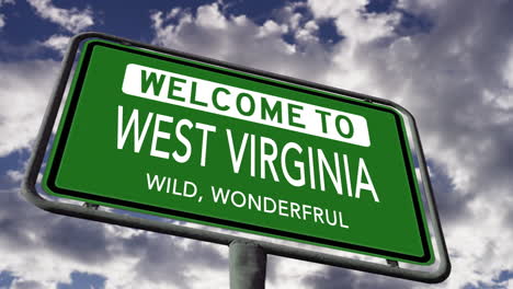 welcome to west virginia, usa state road sign, wild wonderful slogan, realistic 3d animation