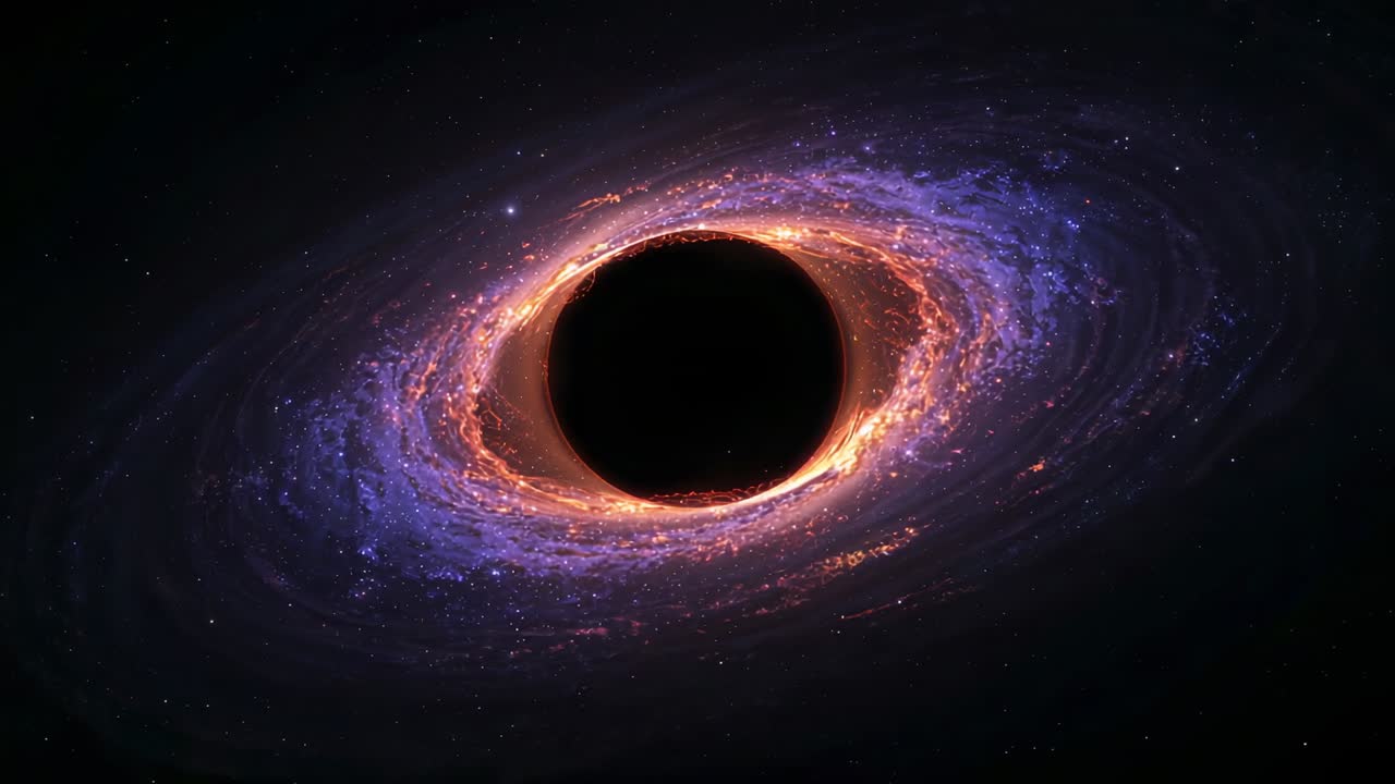 Gravity drawing plasma, rotating black hole swirling accretion disk pulsing in space with stars