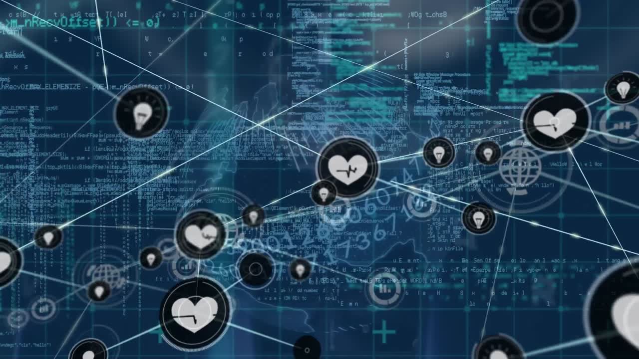 анимация сети соединений с иконками по сетке