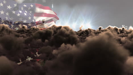 animation of clouds moving over waving flag of america and floodlit sky