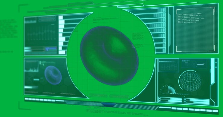 Animation af en makrocelle, der snurrer, og medicinsk databehandling på skærmen