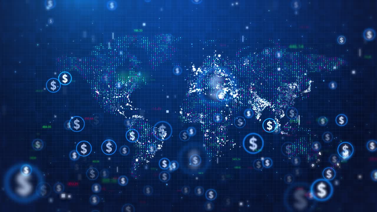 Global finance market concept loop animation currency icons money tranfer business background 4k