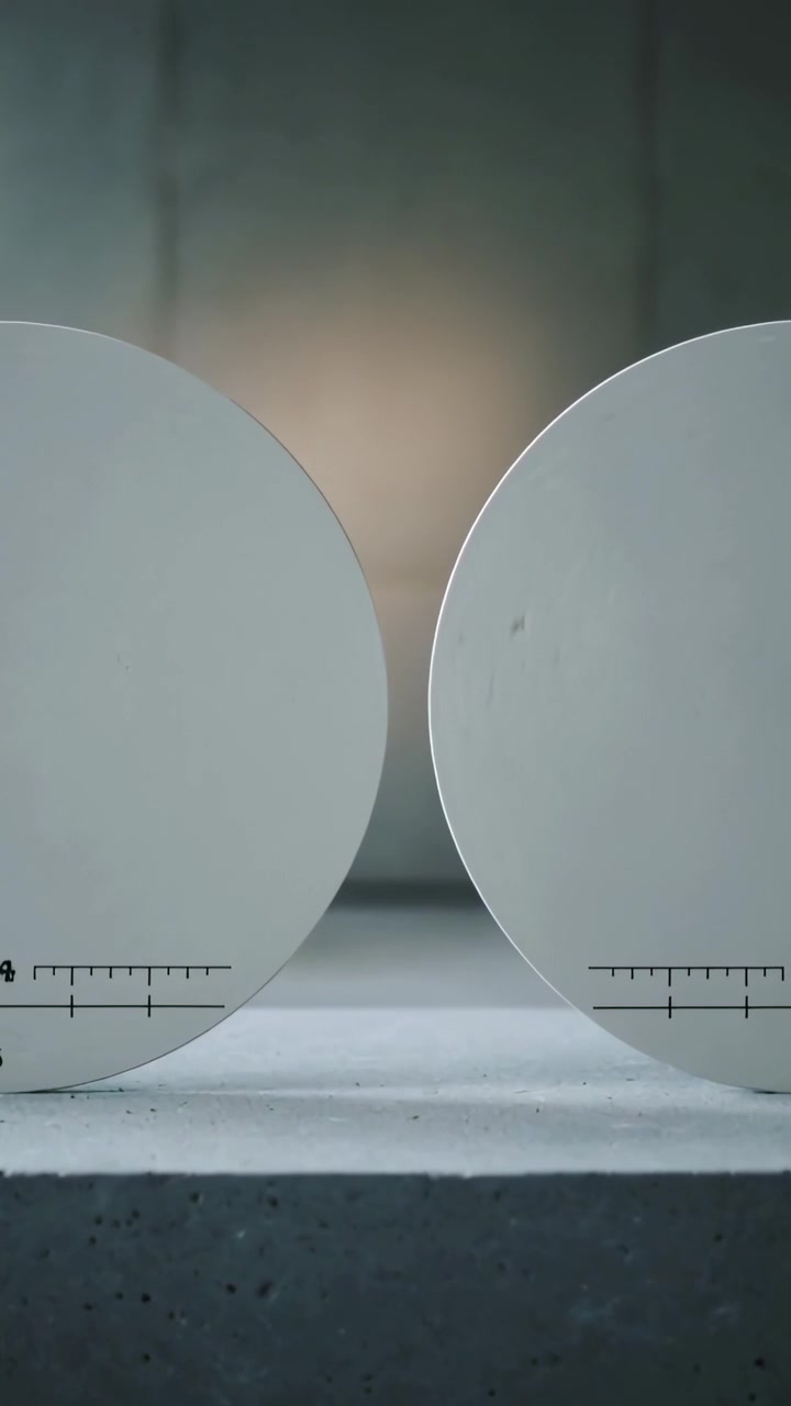 Video verticale: Telecamera che stabilizza e centra dischi bianchi posizionati su un piedistallo, con scale contrassegnate 24 e 20