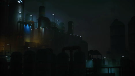 industrial facility illuminated at night under cloudy sky with steam rising