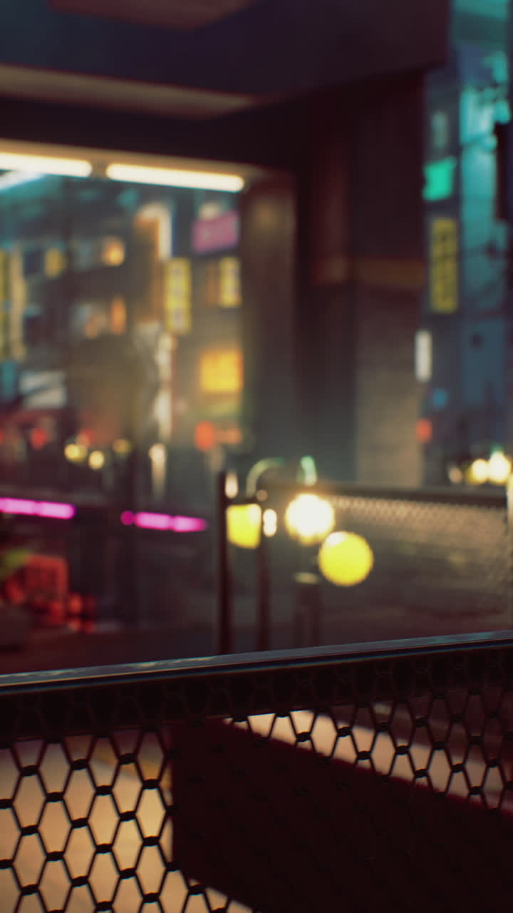 Neon lights illuminate a vibrant scene in a bustling urban cafe setting