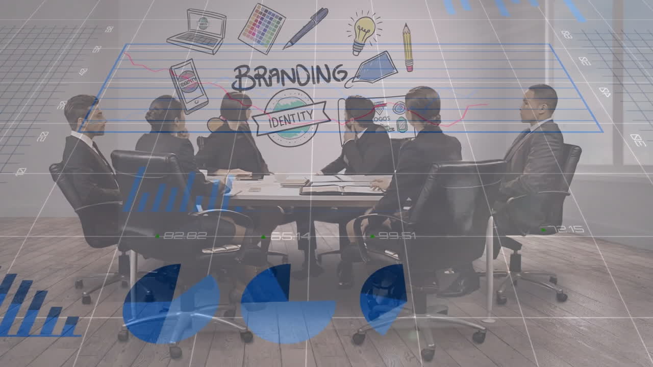 Business team discussing branding strategy with data processing animation overlay