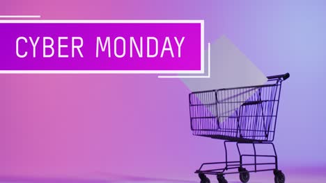 Animación-Del-Texto-Del-Cyber-Monday-Sobre-El-Carrito-De-La-Compra.