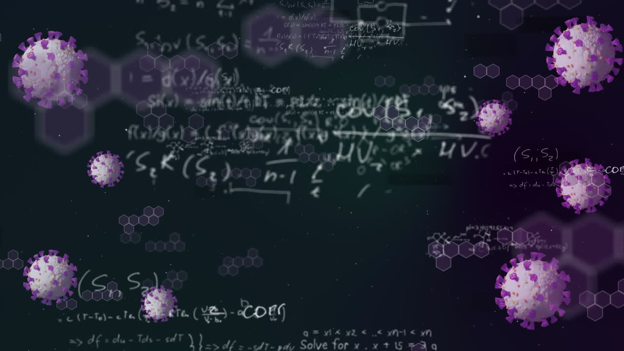 animación de las células de covid 19 que caen sobre fórmulas matemáticas