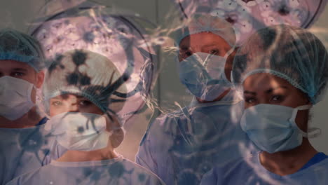 animación de la propagación del coronavirus covid19 con un trabajador de la salud en el fondo