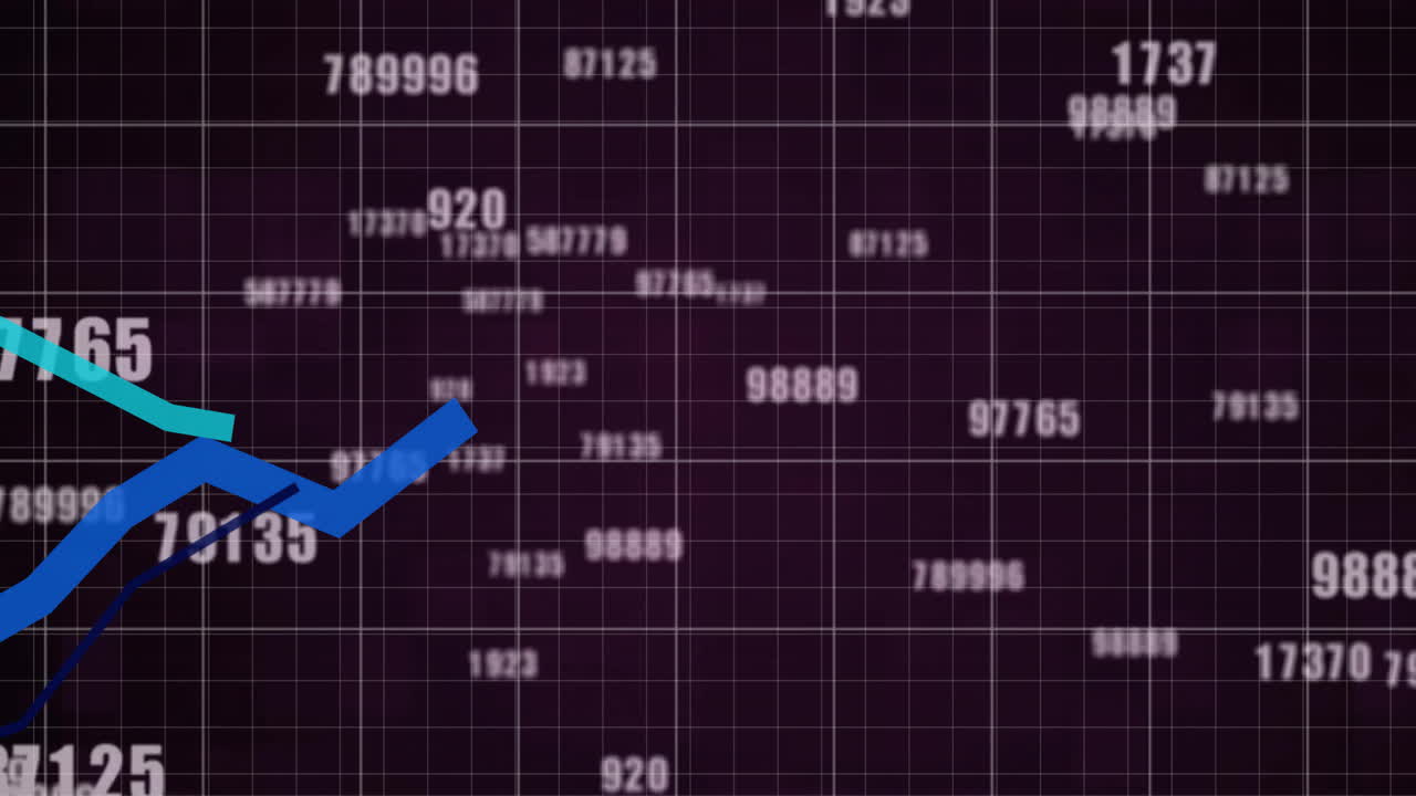 Animazione di elaborazione di dati finanziari su griglia su sfondo nero