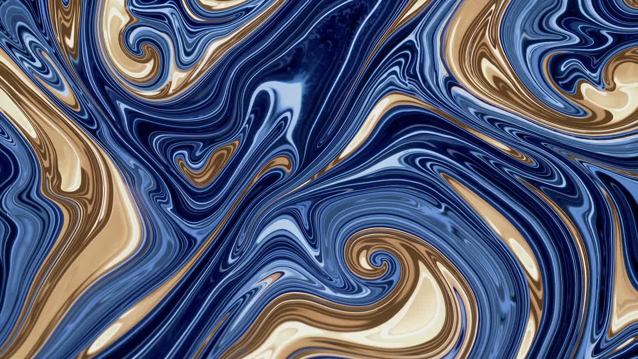 Abstrakte Videokunst mit wirbelnden blauen und goldenen Mustern