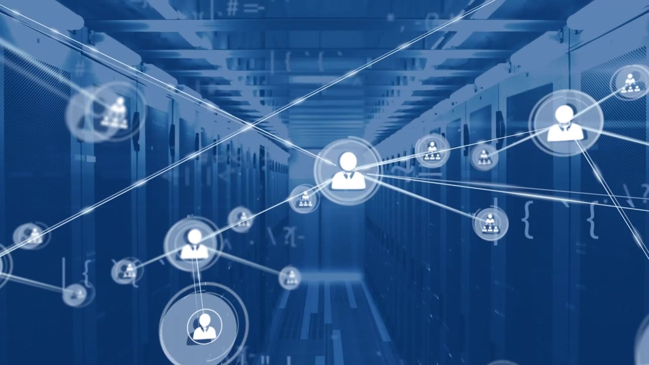 Animation of network of connections with digital icons and data over computer servers