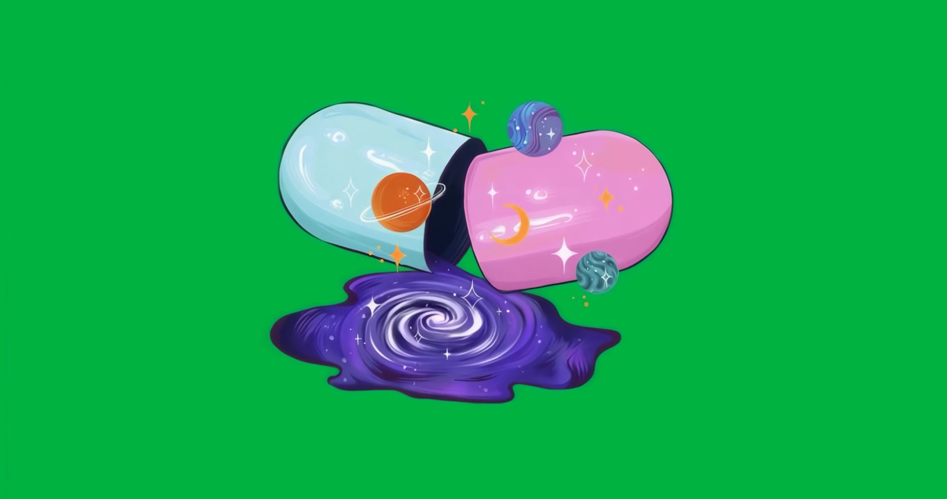 Kapsel teilt sich, gießt violette Flüssigkeit, bildet Wirbelpool mit Planeten-Stern-Symbolen auf transparentem Hintergrund.
