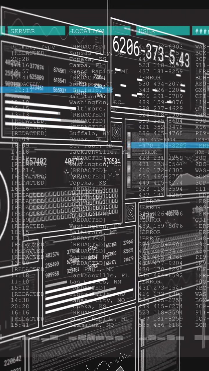 Animasjon av digital databehandling med tall og grafer på grensesnitt